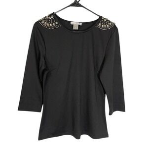 WD-NY Large Black Blouse Studded Shoulder 3/4 Sleeve Edgy Rocker Glam